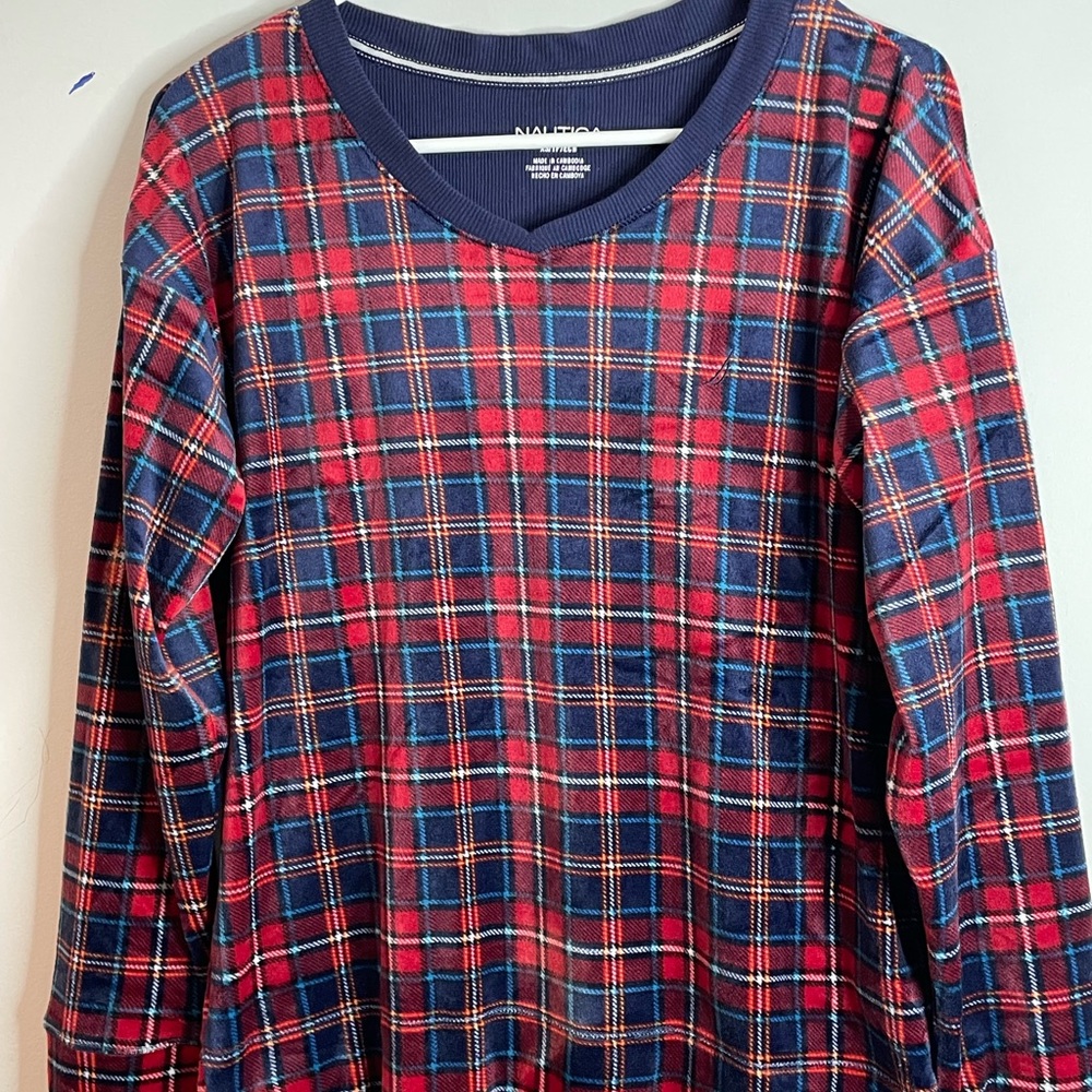 Náutica Pajama Shirt Womens Size XS Red Plaid Long Sleeve Sleepwear Lounge
